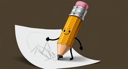 Animated Pencil Character Sketching a Mountain Landscape on Paper
