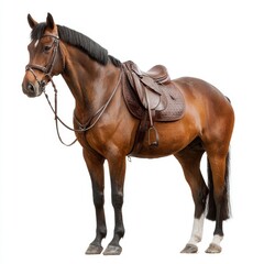 A beautiful brown horse wearing saddle and harness standing tall and proud