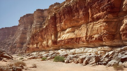Fototapeta premium Discover sandstone cliff walls with red and ochre layered erosion patterns showcasing natural geological artistry