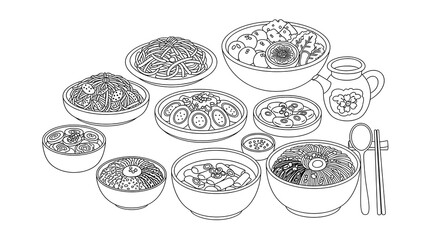 Line art illustration of various Korean dishes: noodles, rice, and side dishes in bowls, minimalist style, appetizing mood.