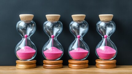 Four pink sand timers, aligned on a wooden surface, against a dark background.