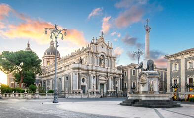 Piazza Duomo in Catania, Sicily, Italy with the Cathedral and Fontana dell Elefante at sunrise	