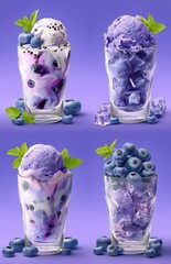 Blueberry ice cream scoops in a glass with splashes of blue and purple milk, mint leaves around the cup, fresh berries flying in the background.