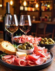 Tapas platter with olives, jam&oacute;n and bread and glass of wine 