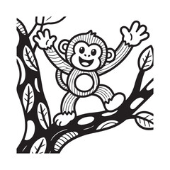 A black and white line art illustration of a cheerful monkey joyfully climbing a stylized tree branch and waving with a playful grin. 