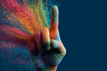 index finger up with a sparkling, rainbow colorful and creative explotion. 3d modeling. dark blue backing