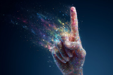 index finger up with a sparkling, rainbow colorful and creative explotion. 3d modeling. dark blue backing