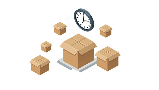 Delivery Time Precision: A meticulously designed illustration captures the essence of time-sensitive shipping, with precisely arranged cardboard boxes and a focused clock.