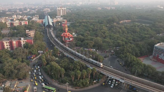 4k Aerial Drone Hyperlapse of Hanuman Temple karol bagh Delhi India Delhi Metro Train