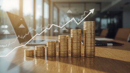 Economic growth investment strategy concept stacked coins sunlight professional office