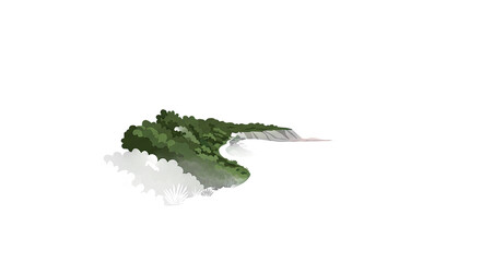 Green Island Floating in Green Water with Red Glow Effect