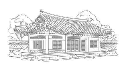 Serene Line Art Illustration: Traditional Korean Hanok House in Garden Setting
