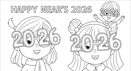 Happy New Year 2026:  Cute Cartoon Children Wearing Festive 2026 Glasses, Coloring Page Illustration