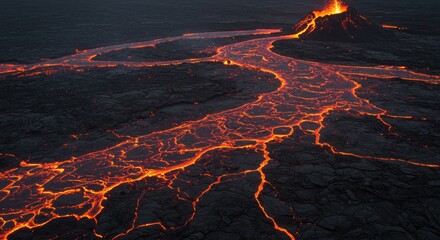 Aerial View of Fiery Lava River Flowing from Erupting Volcano at Night