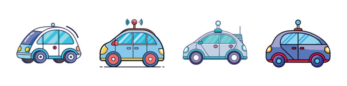 Autonomous Self-Driving Car Icon Set Illustration-Vector illustration of four futuristic autonomous self-driving cars in cartoon style, representing smart vehicles, AI transportation, and future mobi