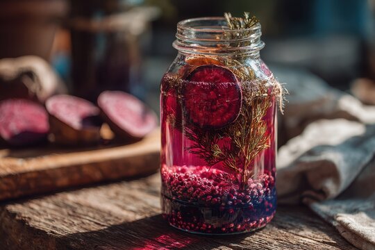 Vibrant homemade fermented drink with red cabbage and herbs in a glass jar.