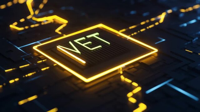 VeChain (VET) supply chain graph Barcode-style neon strips scanning with laser validation.