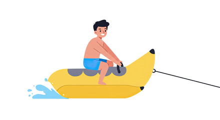 Cartoon Man Riding Yellow Banana Boat in Aqua Water