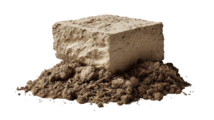 Block on Dirt: A textured, earthen block rests upon a pile of granular dirt, creating a display of natural elements. Emphasizing the raw, untouched state of the objects.