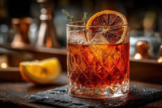 Sophisticated amber cocktail with dried orange and herb garnish on a bar.