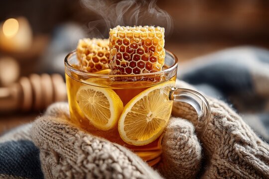 Cozy hot tea with lemon and natural honeycomb, enjoyed in warm knitted mittens. - Powered by Adobe