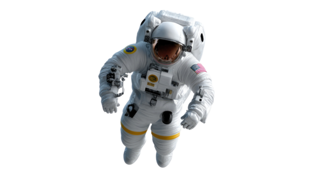 Astronaut in Space: An astronaut floats weightlessly, fully equipped in a pristine spacesuit, set against a blank canvas of the cosmos.