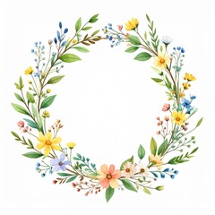 Delicate Floral Wreath of Blue Yellow and Peach Flowers with Green Leaves on White Background