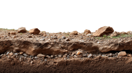 Cross-Section of Earth: A detailed depiction of a cross-section through the earth's crust, revealing layers of soil, rocks, and earth, demonstrating geological elements in a natural setting.