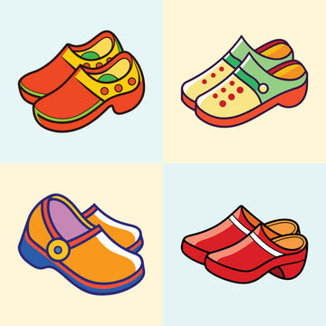 Colorful cartoon clogs footwear collection-Illustration of four pairs of colorful clogs in playful cartoon style, showing variety in casual footwear design and fashion.