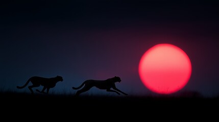 Silhouette of two cheetahs running against vibrant, red sunset backdrop, capturing the thrill of the chase.