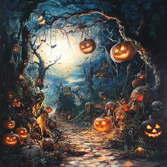 Spooky Halloween forest path with glowing pumpkins and haunted atmosphere.  Dark haunted forest with carved pumpkins, spooky path and full moon, Halloween