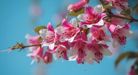 Delicate pink and white flowers blooming on a branch against a blue sky