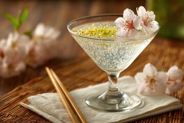 Refreshing sparkling drink with cherry blossoms in a martini glass on a bamboo mat.
