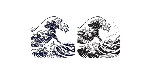 Print  Great wave illustration in Japanese vintage woodcut style. Ocean sea storm with big waves. Ukiyo-e monochrome vector drawing. Black and white linocut art for tattoo or print.