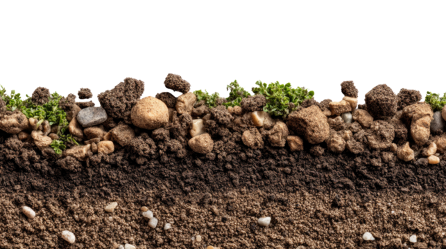 Cross-Section of Earth: A detailed cross-section reveals the layers of earth, including soil, rocks, and plant life, depicting an ecological panorama. 