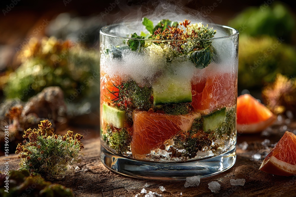 Poster Dramatic citrus and cucumber drink with a smoky effect in a rustic setting