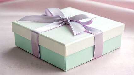 Obraz premium Elegant gift box tied with a soft purple and grey ribbon on a pink fabric background