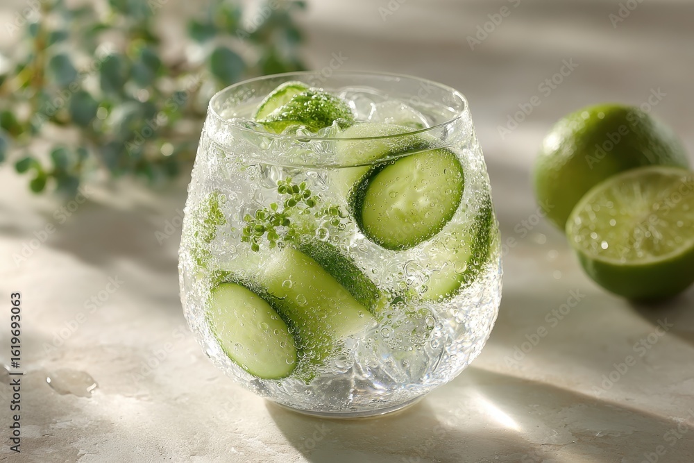 Poster a refreshing cucumber and lime sparkling drink with ice and botanical garnish.