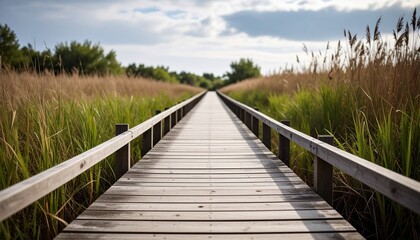 Naklejka premium Wooden Boardwalk Through Lush Greenery and Reeds.