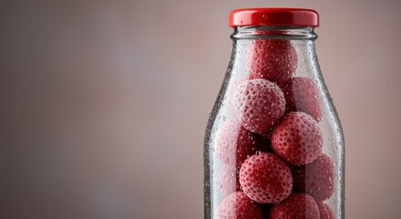 Frozen Strawberries in Glass Bottle with Red Lid, Close-Up, Droplets.