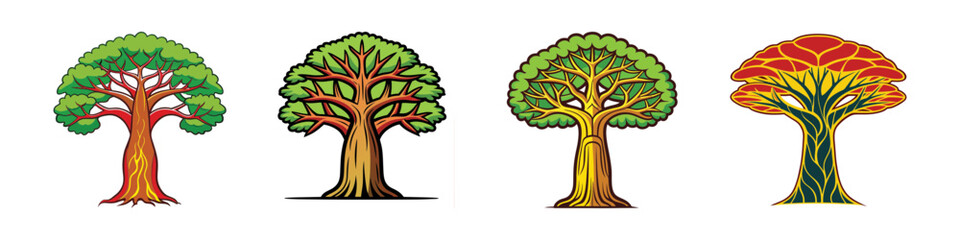 Colorful cartoon baobab tree illustration set-Vector illustration of four stylized baobab trees with thick trunks and wide canopies in green, yellow, and red tones, ideal for tropical, savanna, and n