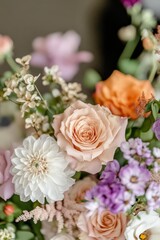 Close-up Floral Arrangement Peach Roses, White Dahlias, Purple Accents, Soft Focus, Macro Photography, Wedding Bouquet, Flower Photography Floral Photography
