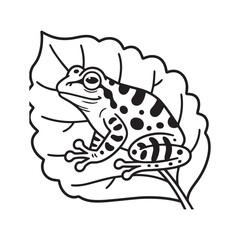 A black and white line art illustration of a cheerful poison dart frog with large, expressive eyes perched comfortably on a vibrant green leaf.