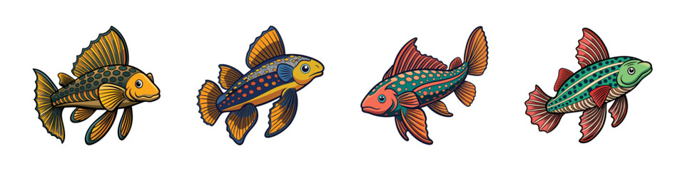 Colorful exotic tropical fish cartoon set-Vector illustration of four exotic tropical fish in bright colors and unique patterns, great for aquarium art, ocean themes, or marine design.