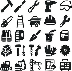 Construction tools equipment hammer wrench drill safety helmet ladder excavator vector icon set design