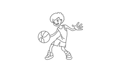 Cartoon Line Drawing of a Basketball Player Dribbling – Sports Illustration