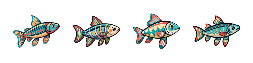 Set of small colorful tropical fish illustrations-Vector illustration of four small tropical fish with blue, green, and red striped patterns, perfect for aquarium art or marine-themed designs.