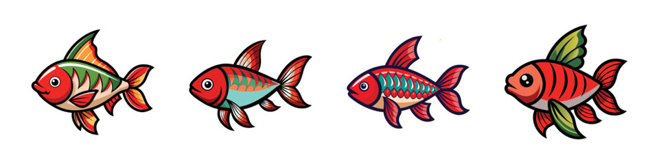 Set of colorful striped cartoon fish-Vector illustration of four small tropical fish with bright striped patterns in red, green, and blue, perfect for aquarium or marine artwork.