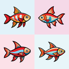 Colorful tropical fish vector icons with patterns-A collection of four vibrant tropical fish illustrations featuring bold stripes and color patterns, ideal for marine, aquarium, or educational designs