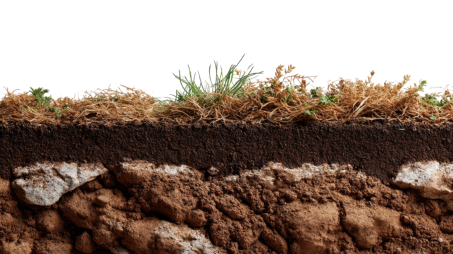 Soil Layer Cross-Section: A detailed cross-section unveils the intricate layers of soil, with visible strata of earth and the foundations of life. Revealing earth's complexity.